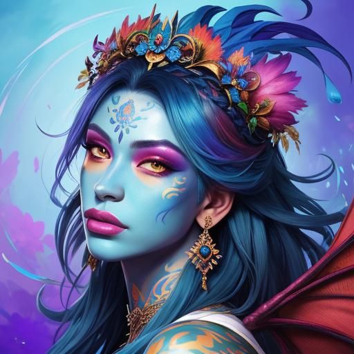 Rainbow Dragon Woman with Flower Crown, Hyperrealistic Art