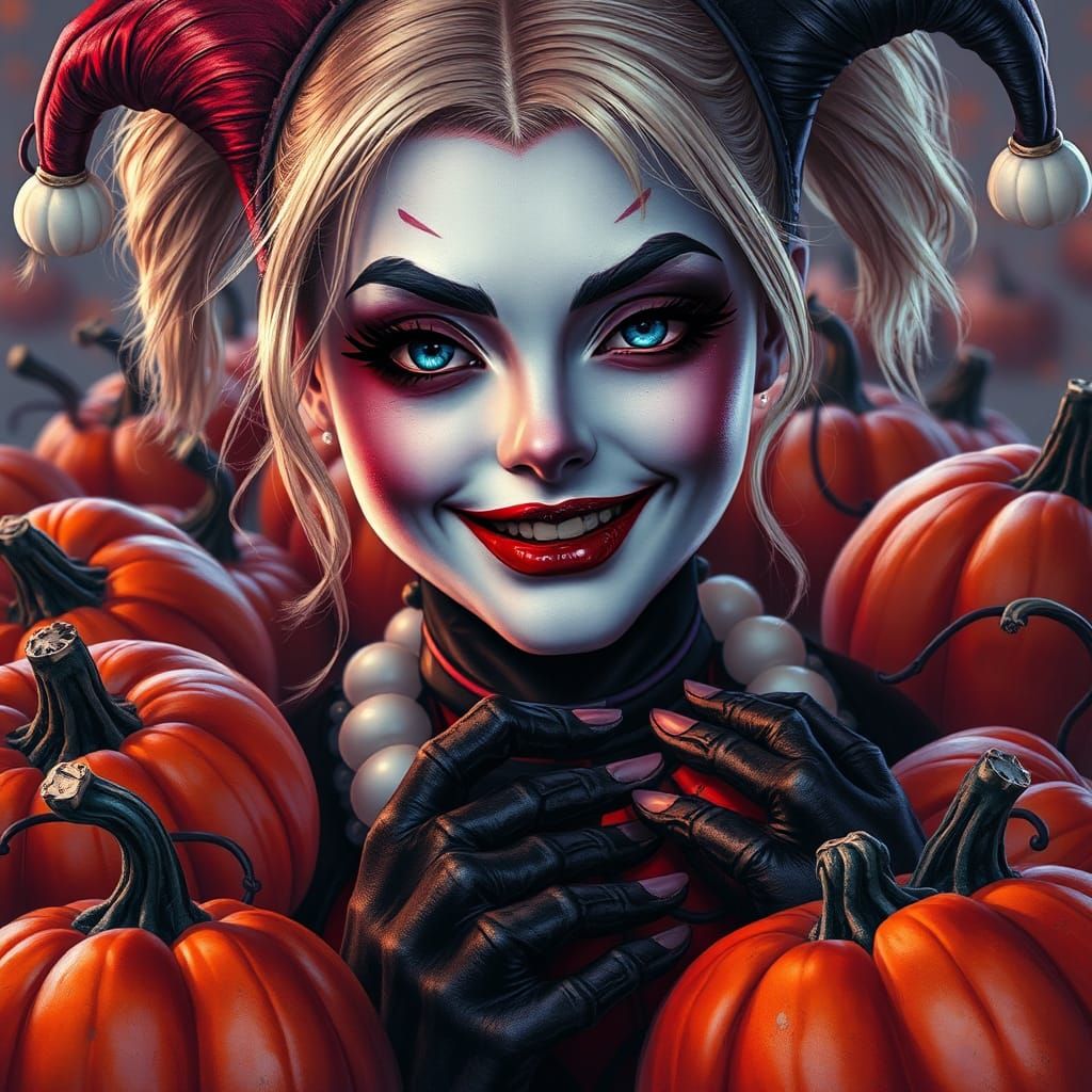 Halloween Harley Quinn Portrait in Hyperdetailed Art Style