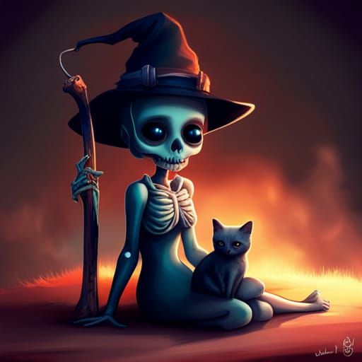 Cute Skeleton Creature with Kitten in Fantasy Art