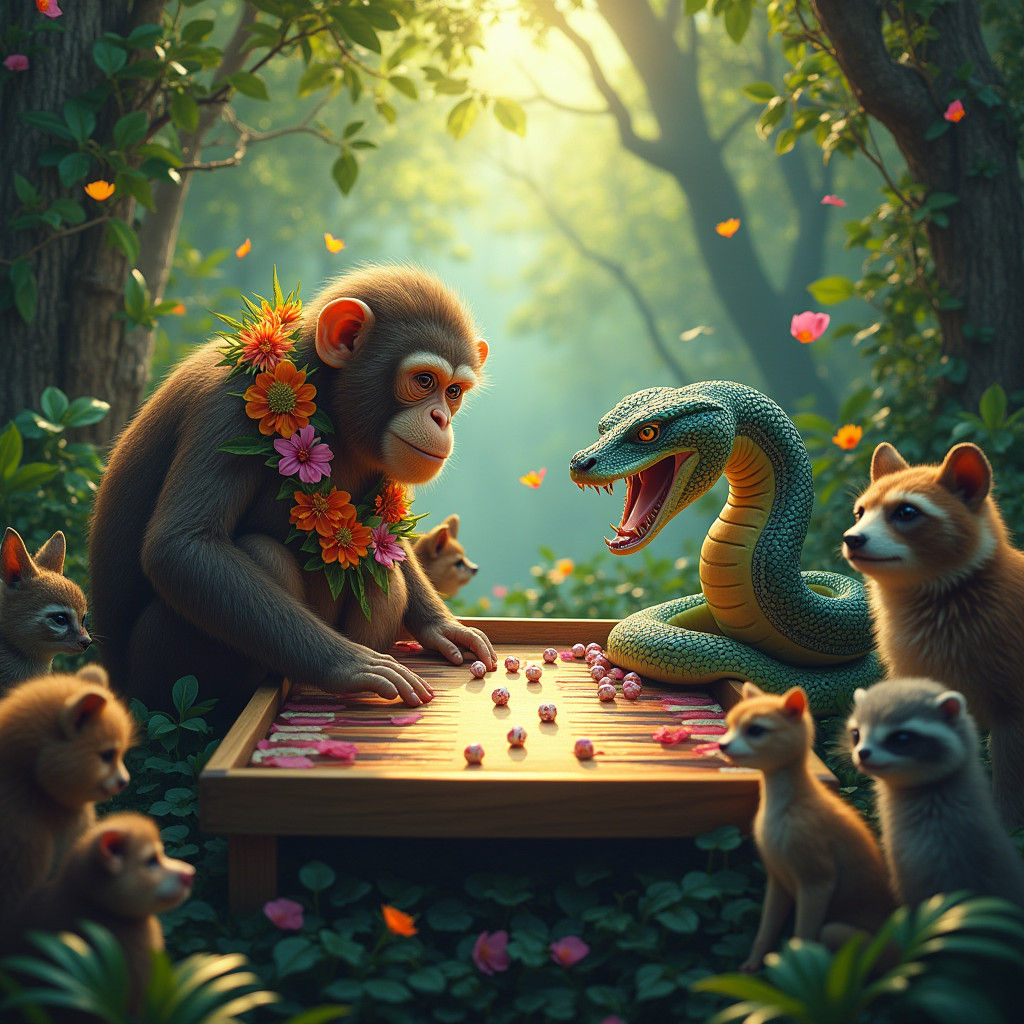 Monkey and Snake Play Backgammon in Forest