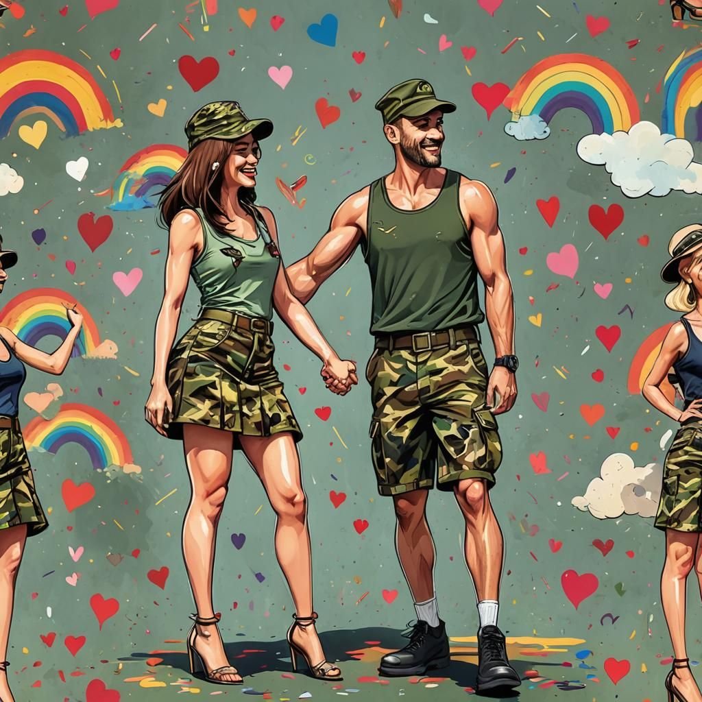 Cartoon Caricature of a Couple with Rainbow Hearts