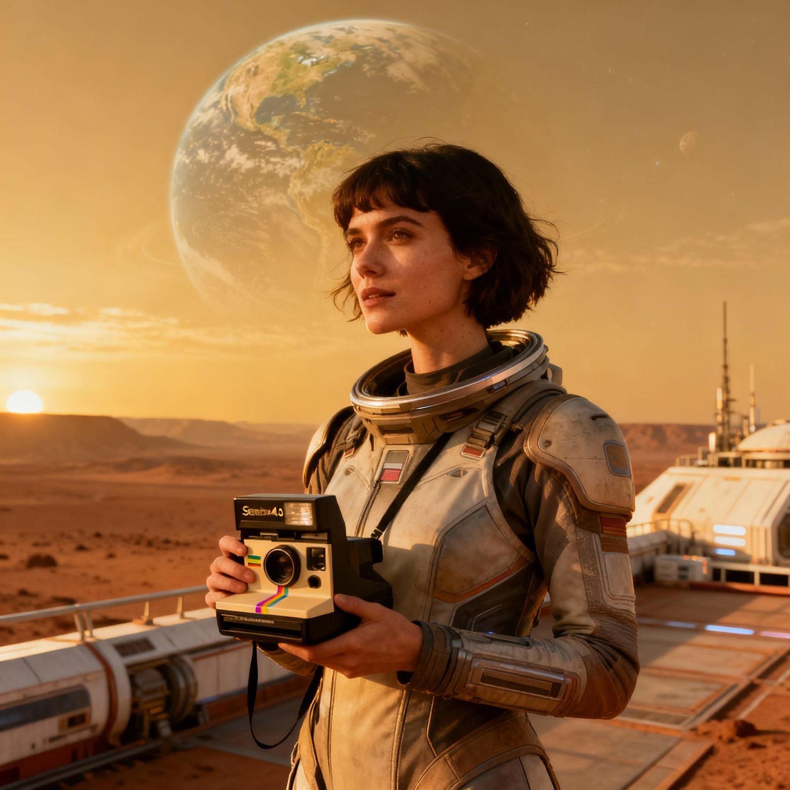 Woman on Mars Colony Rooftop with Polaroid Camera