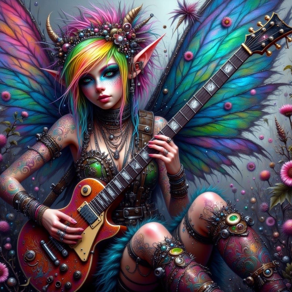 Punk Elf Rocks Guitar: Detailed Fantasy Art