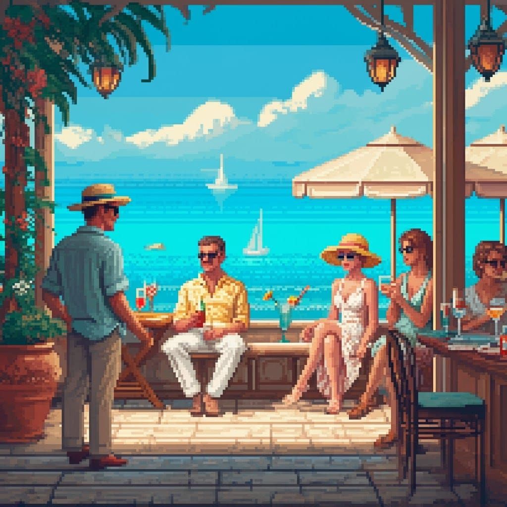 Serene Seaside Bar in Retro Pixel Art Style