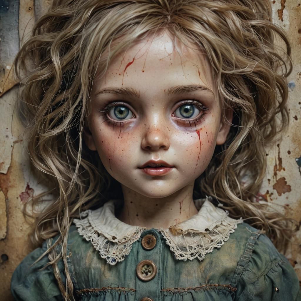 Creepy Doll Face in Watercolor and Ink