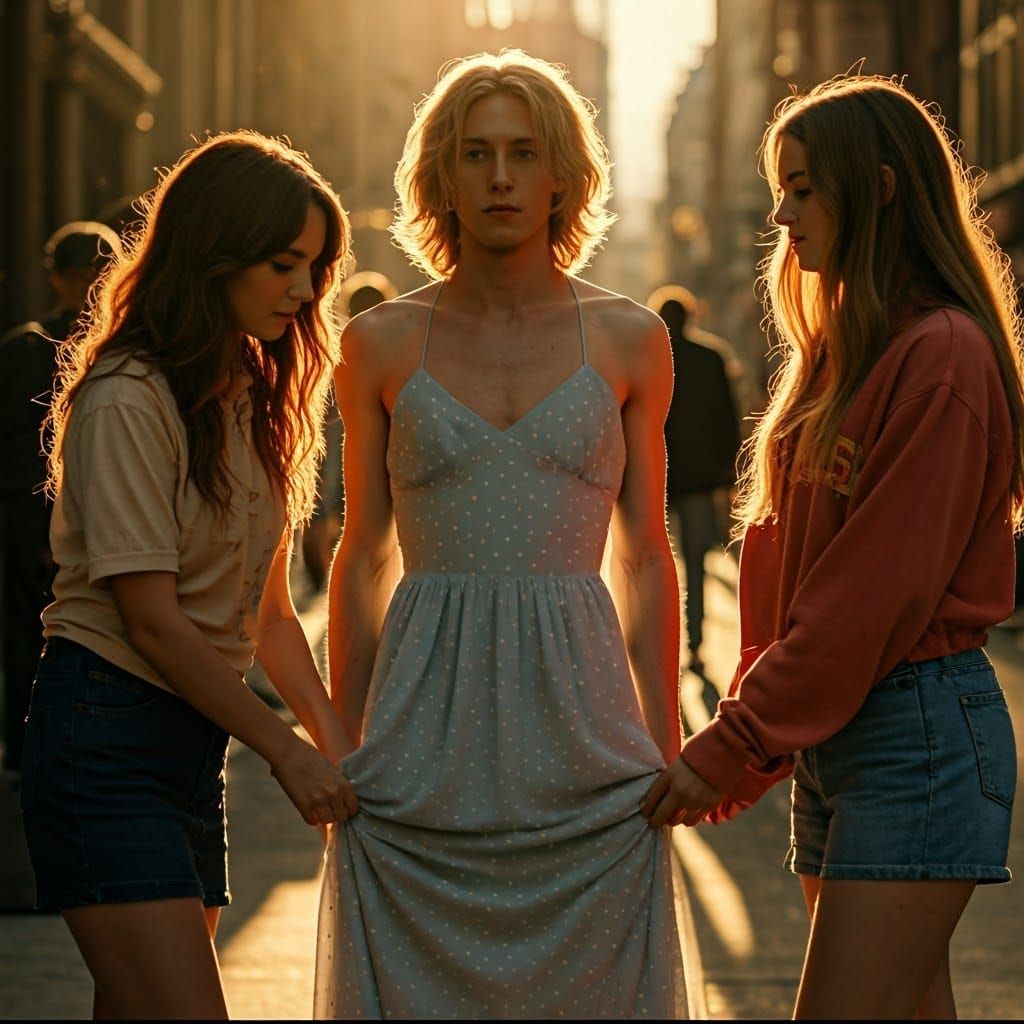 Confident Crossdresser in Pastel Polka Dot Dress Captured in...