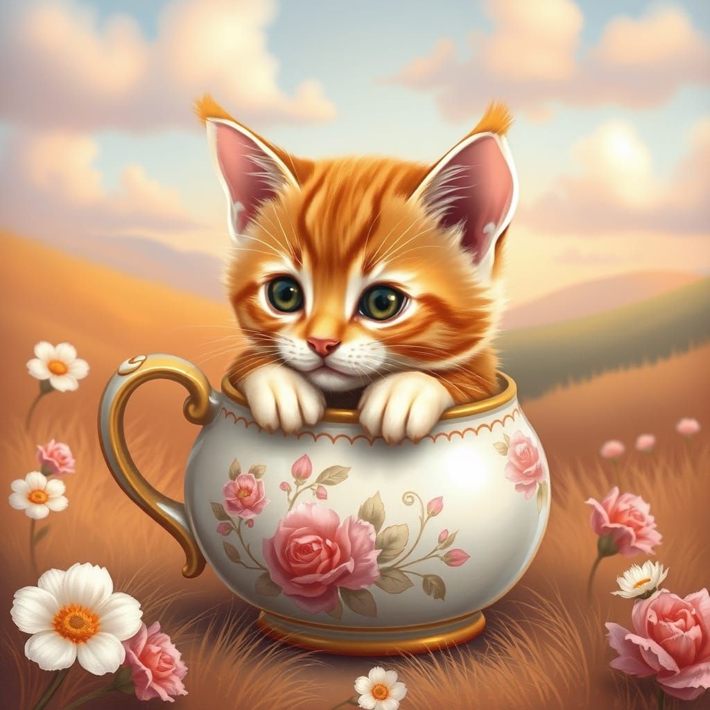 A whimsical pastel painting of a small, adorable orange tabb...
