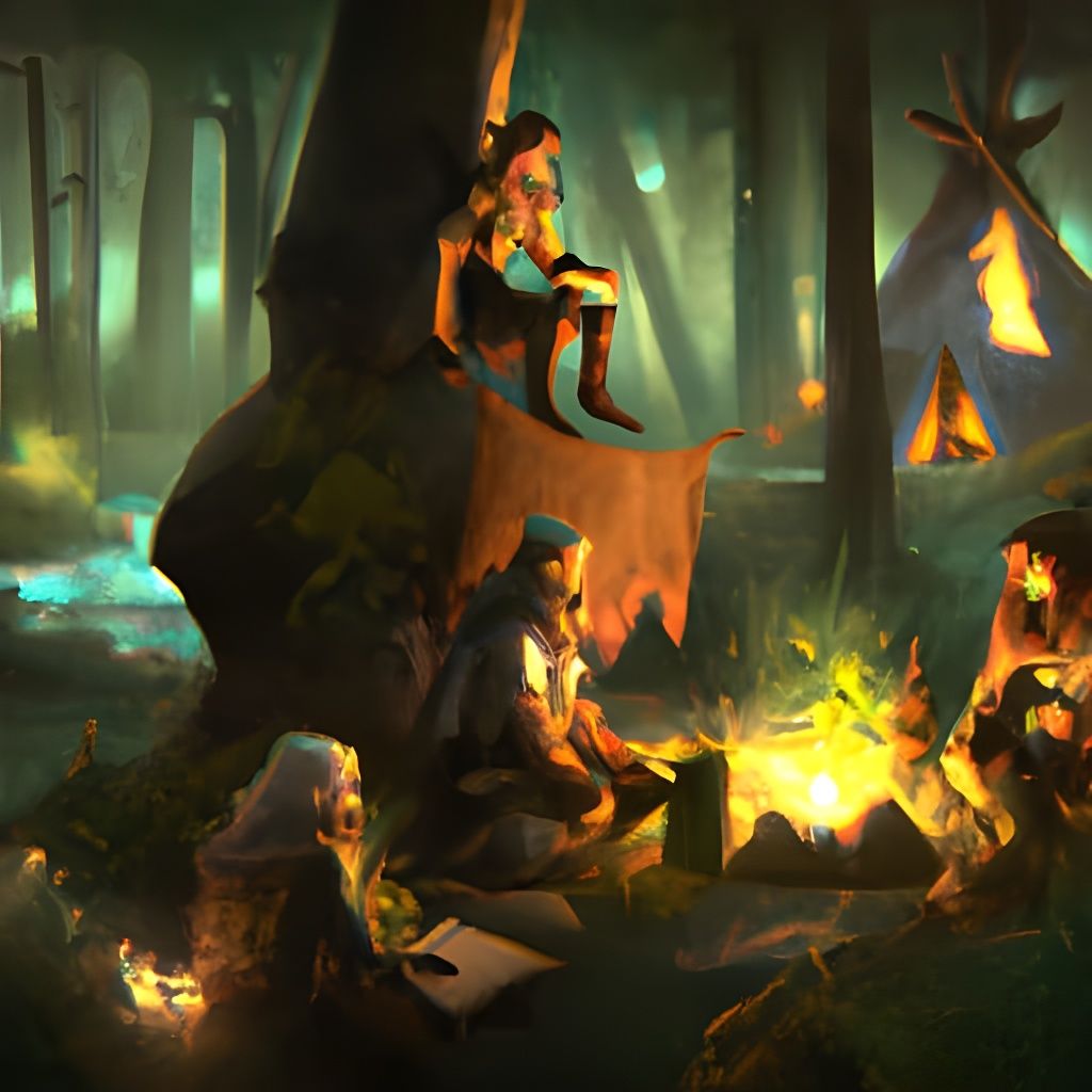 Adventurers Relaxing by Campfire in Dark Forest