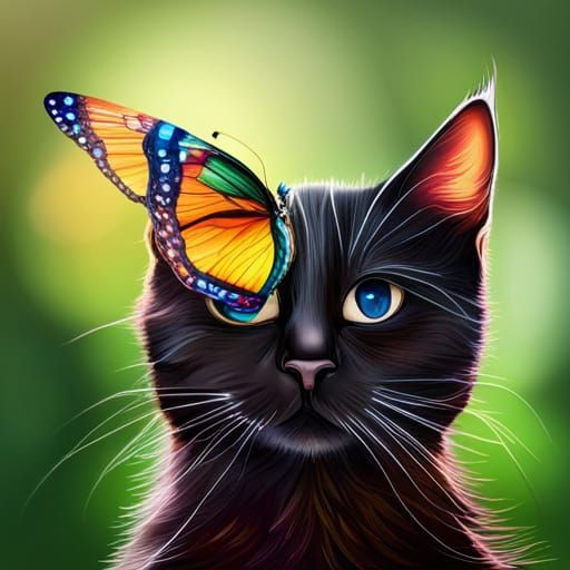 Black Kitten with Butterfly in Hyperrealistic Style