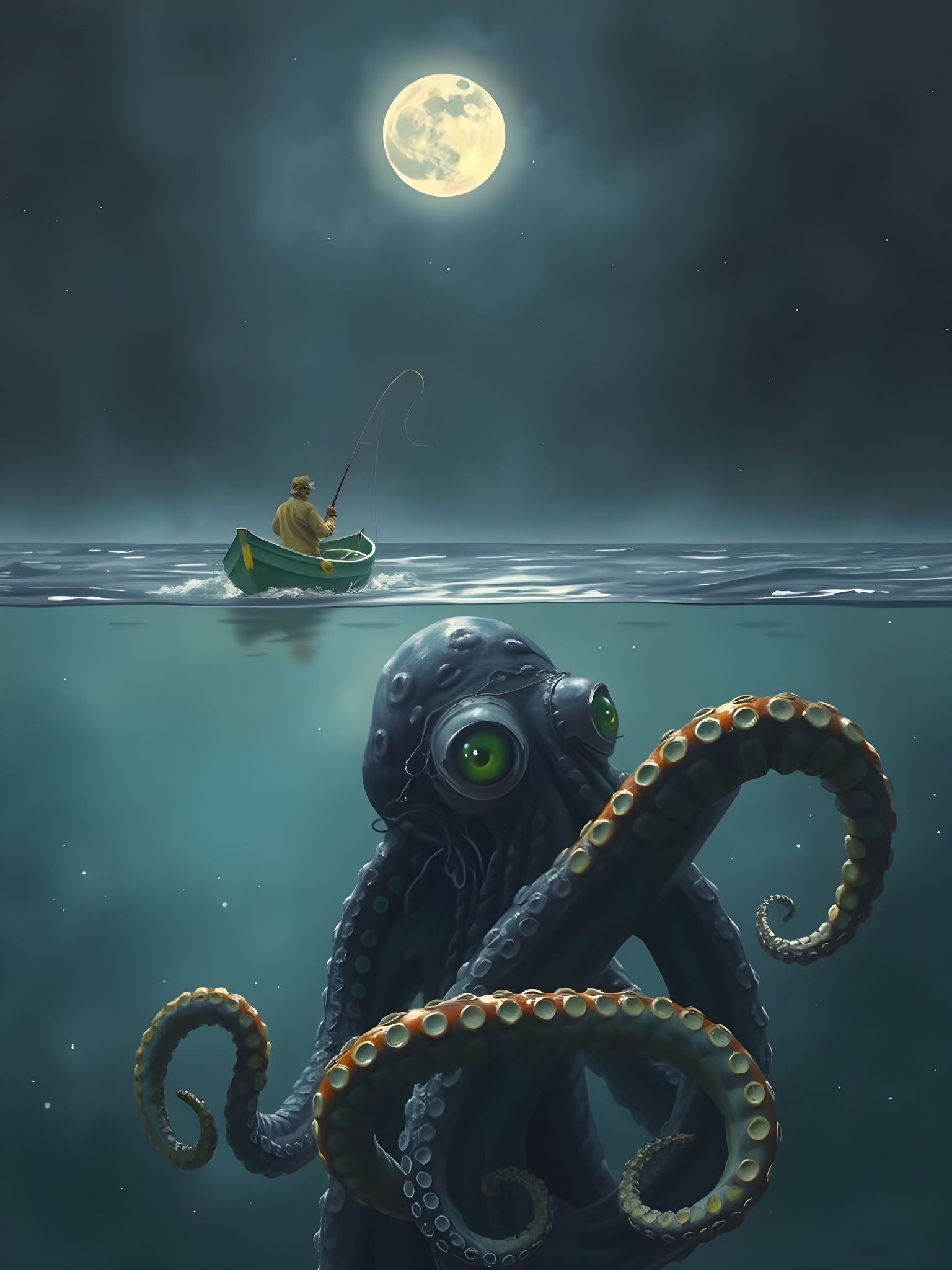 Fisherman in Moonlit Waters, Haunted by Aquatic Horror