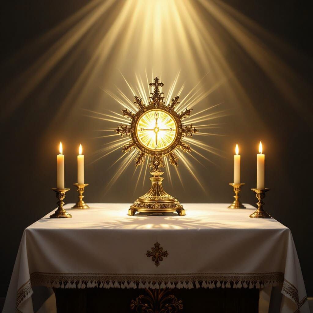 Blessed Sacrament in Golden Monstrance Radiating Divine Ligh...