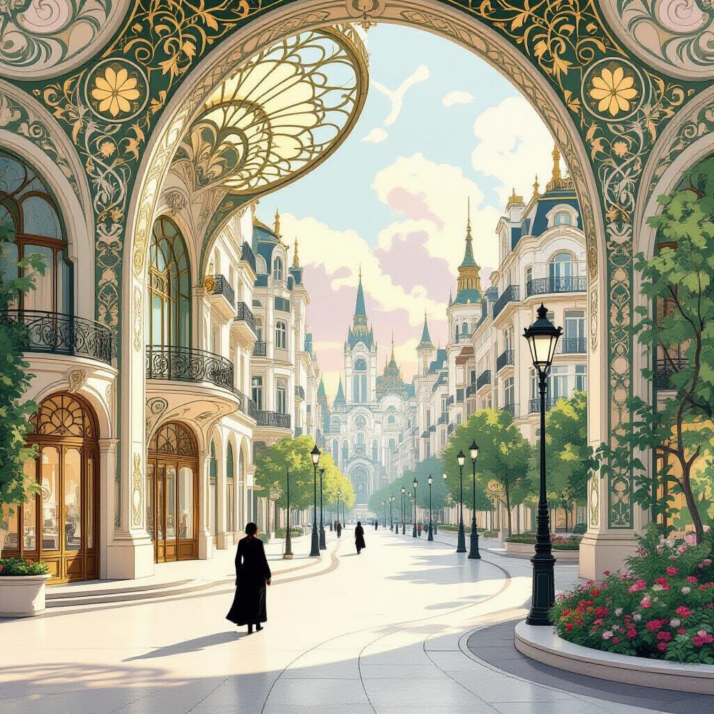 Art Nouveau Cityscape with Flowing Architecture