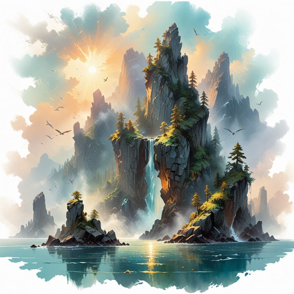 Floating Islands with Waterfalls in Golden Hour Light