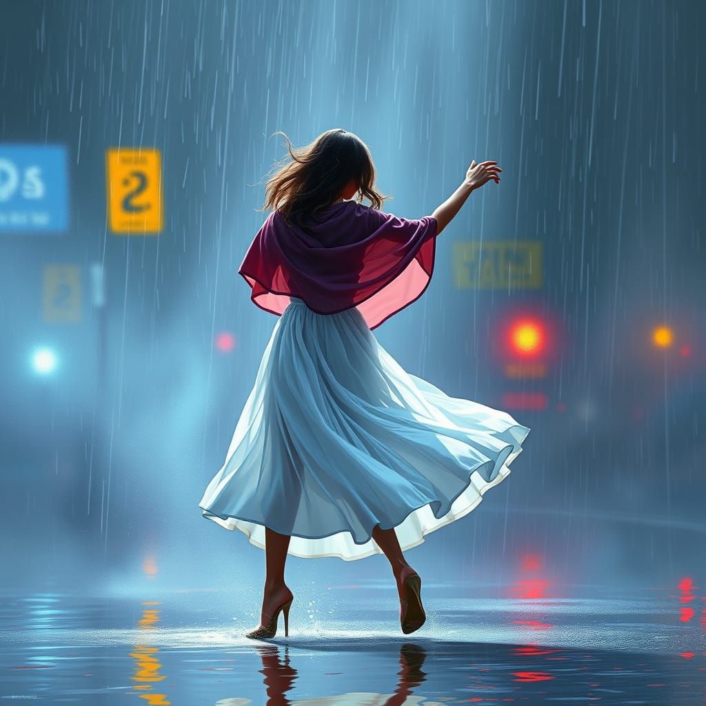 Woman Dancing in Rain, Impressionist Digital Painting