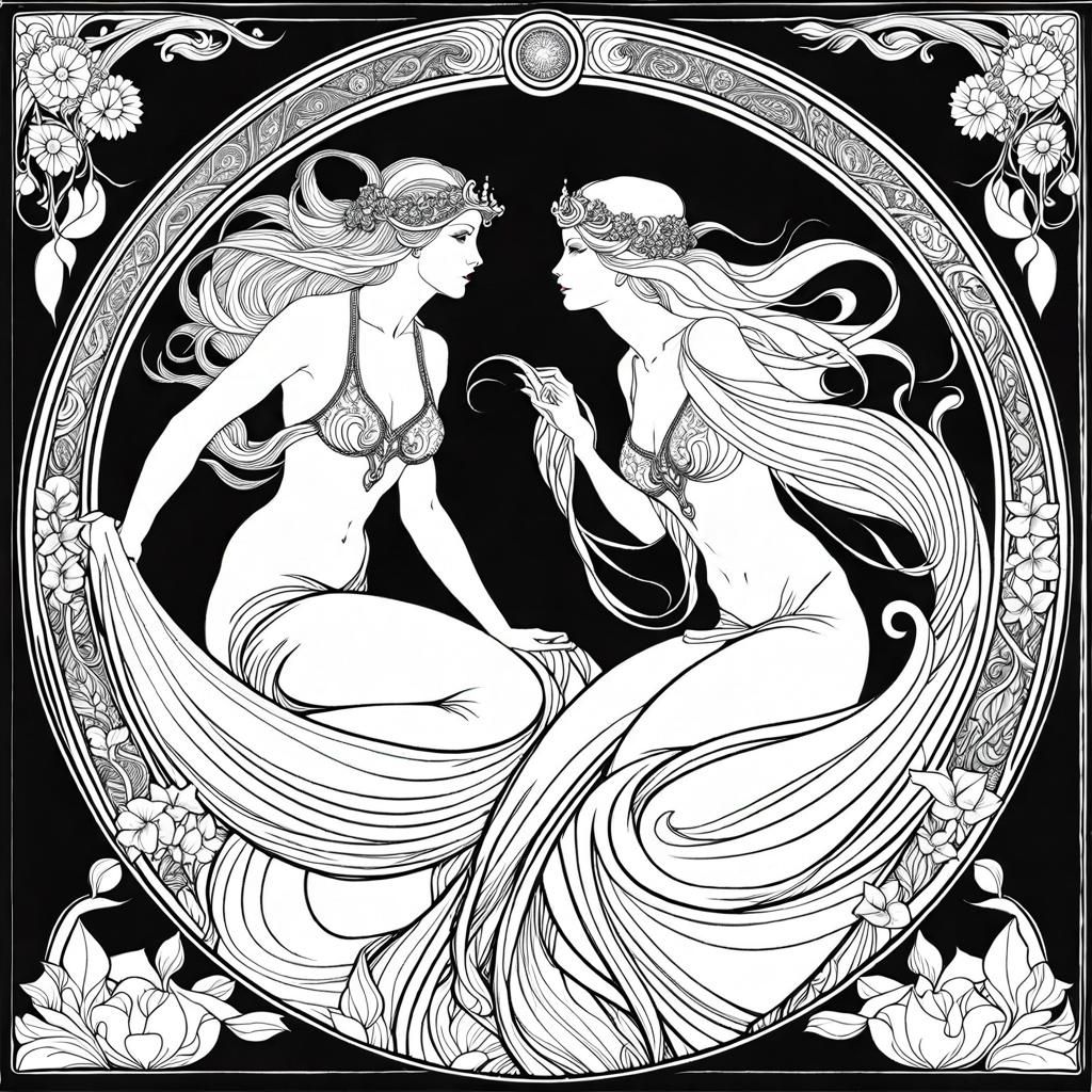 Art Nouveau Mermaids in Black and White Line Art
