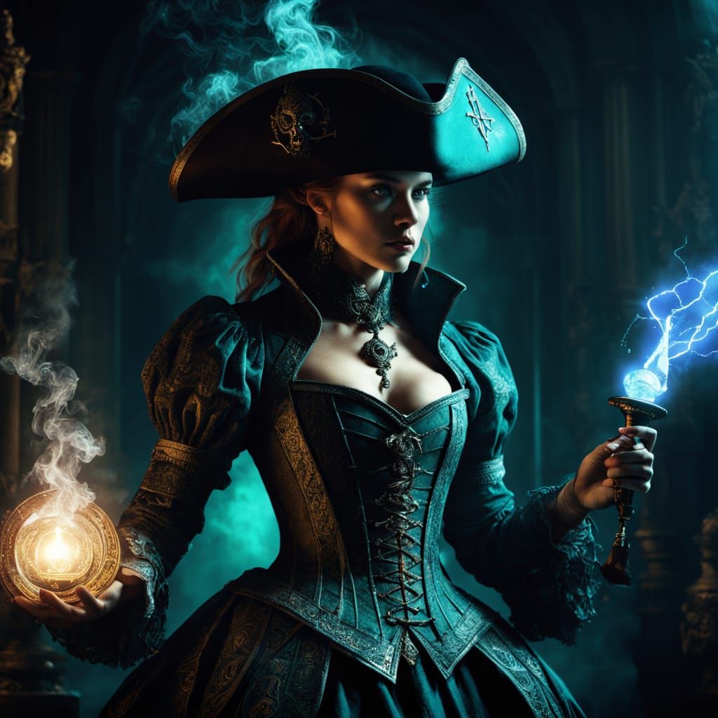 Baroque Pirate Alchemist Conjuring Lightning on Stormy Ship