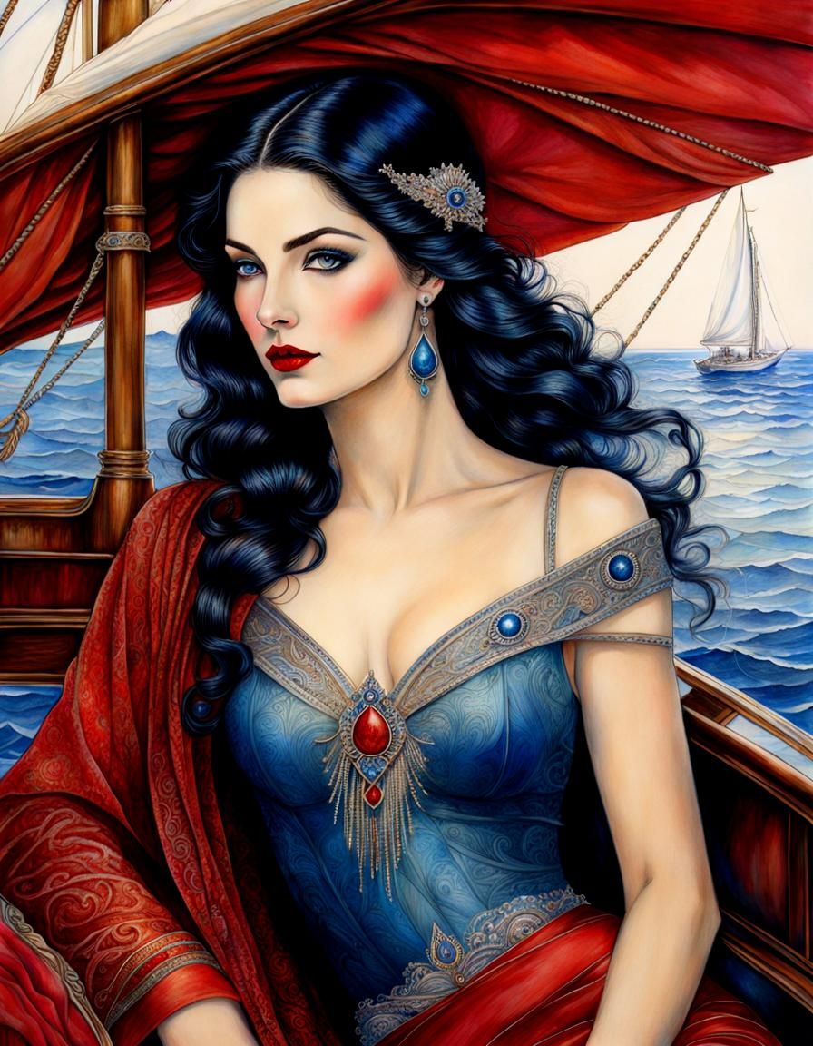 Elegant Portrait of Woman on Sailboat in Art Nouveau Style