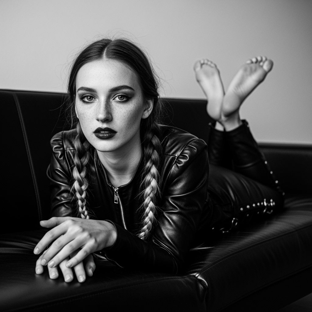 High-Contrast Portrait of Woman on Leather Sofa