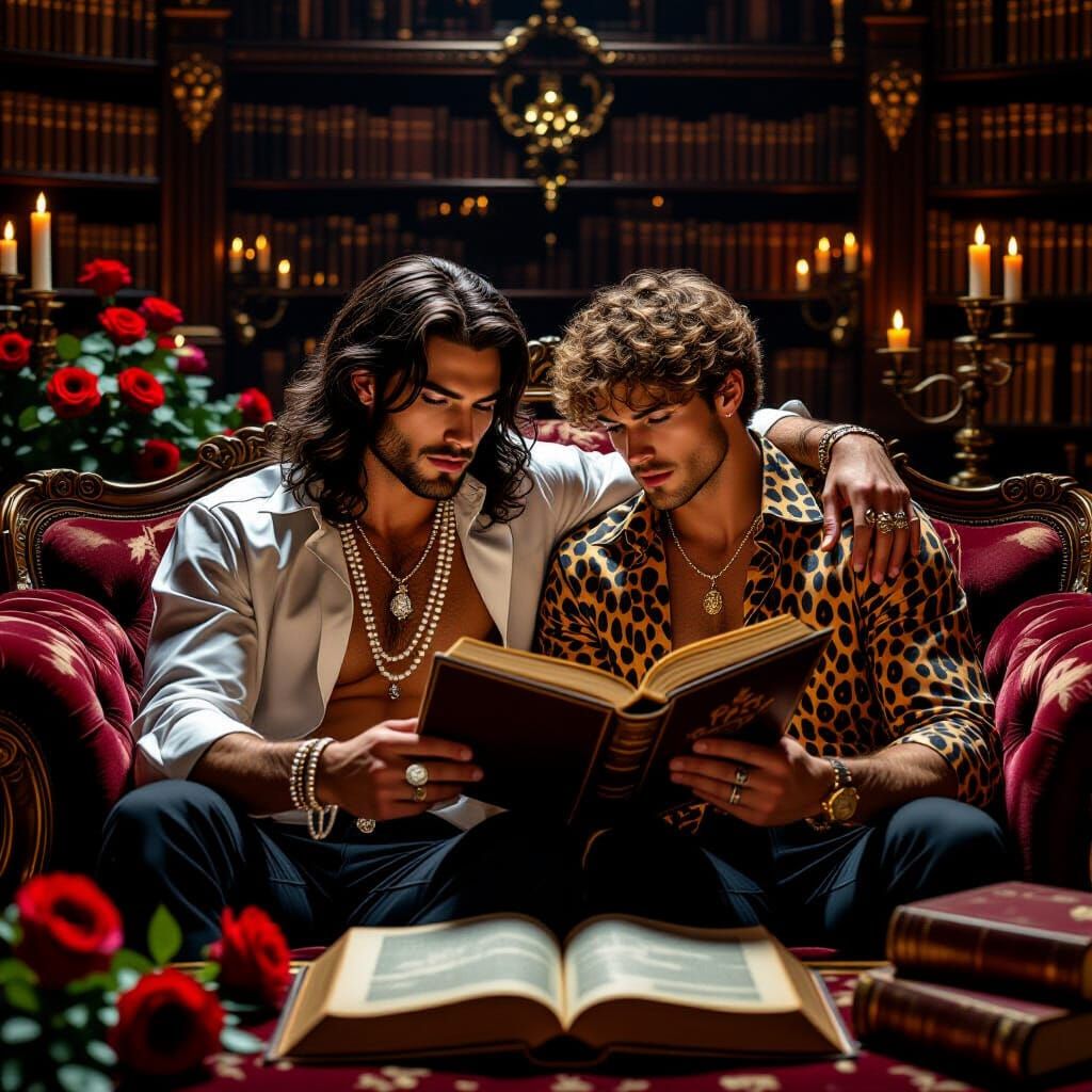 Opulent Library Scene: Two Men Reading Ancient Book