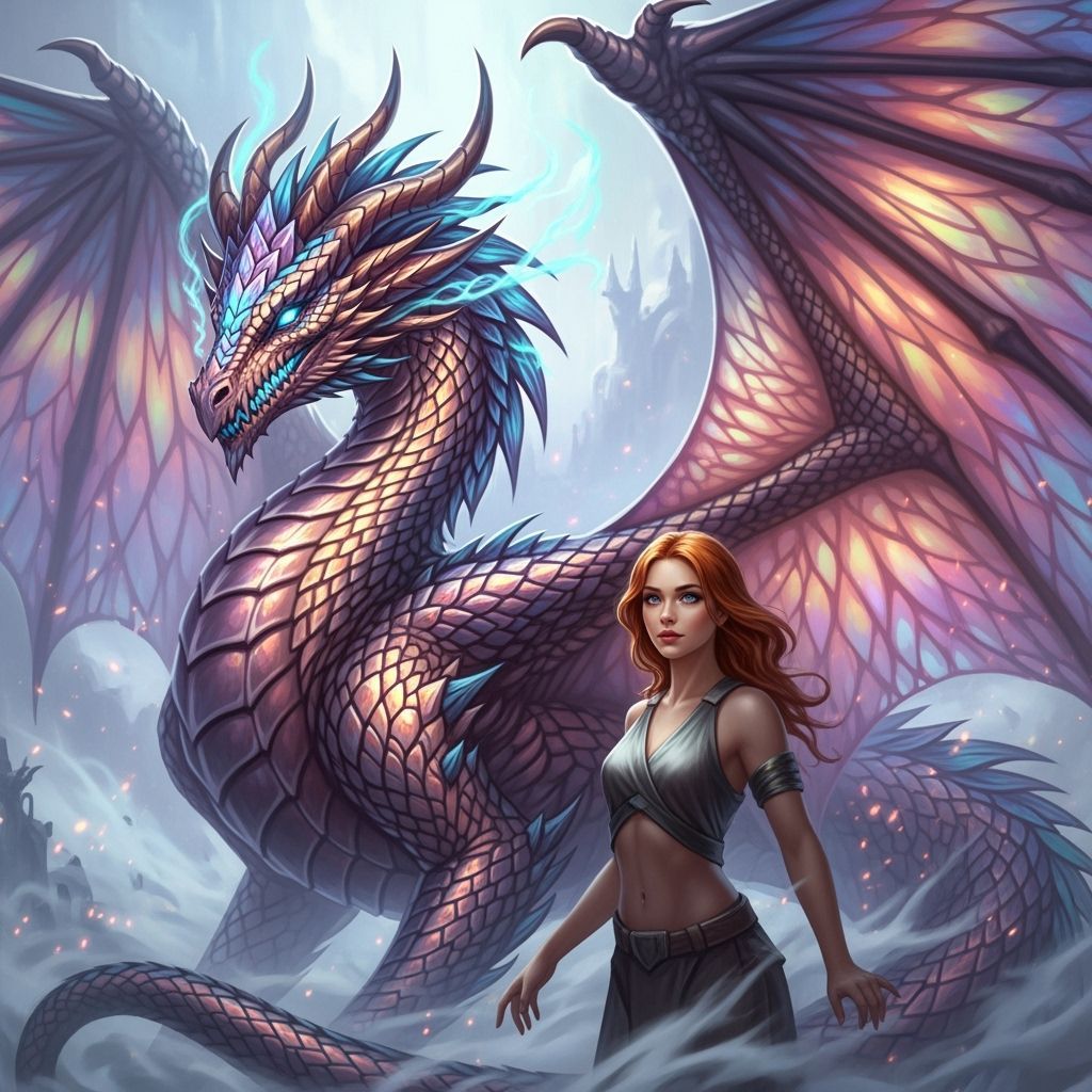 Elegant Dragon with Woman in Surreal Setting