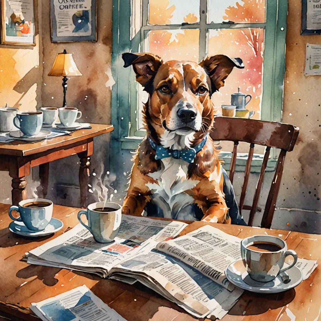 Dog's Cozy Morning: Watercolor Coffee and Newspaper