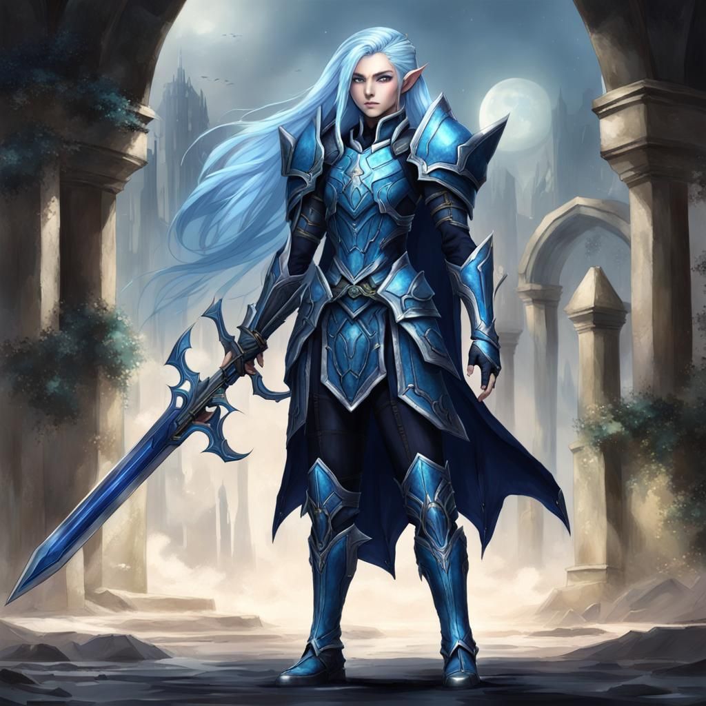 Selune Elf Cleric in Dark Blue Armor