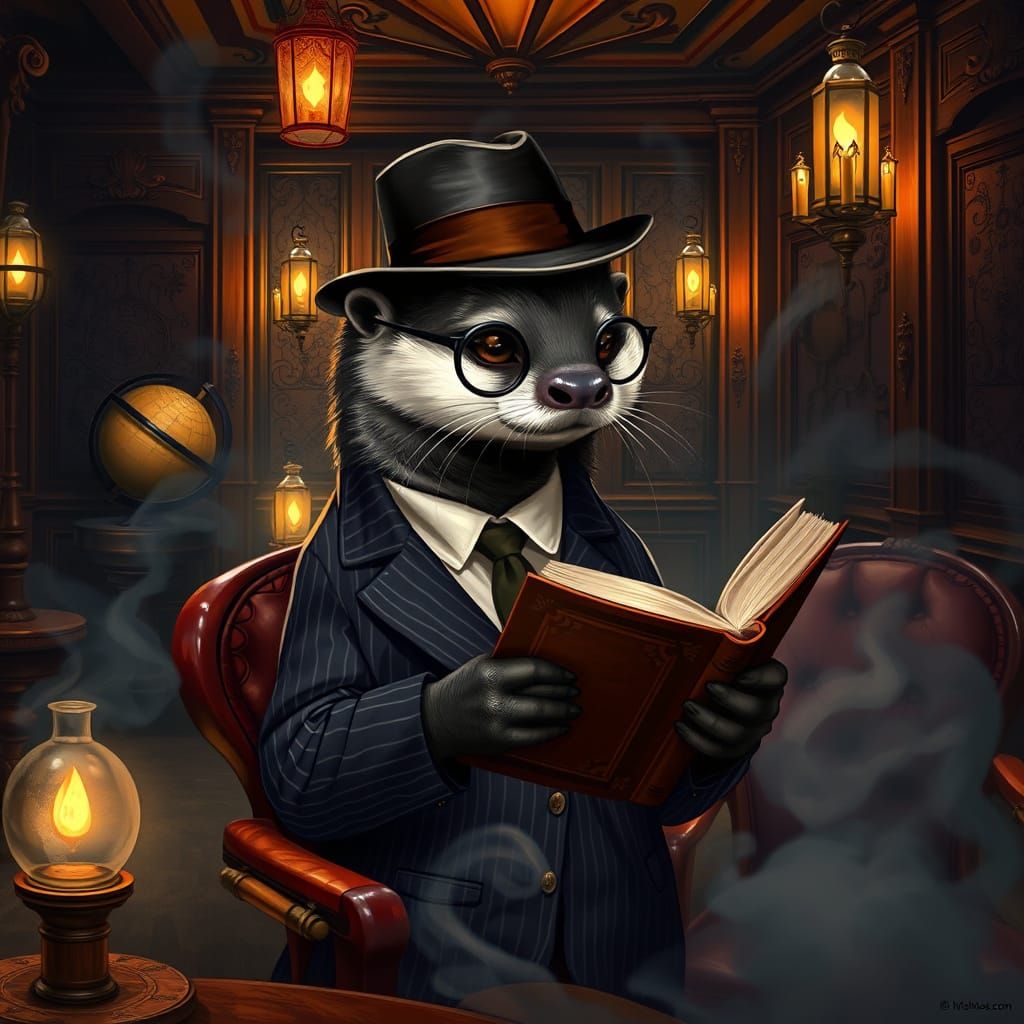 Steampunk Otter Reads in a Speakeasy, Digital Art