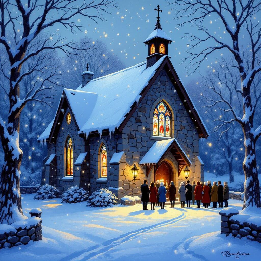 Peaceful Christmas Eve Church Scene in Gentle Snowfall