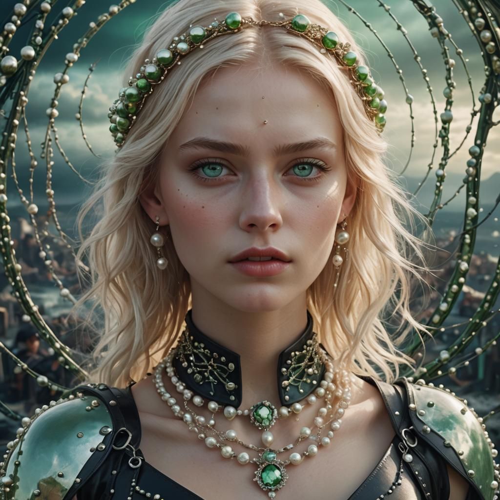 blond teenage girl, in leather, with green eyes