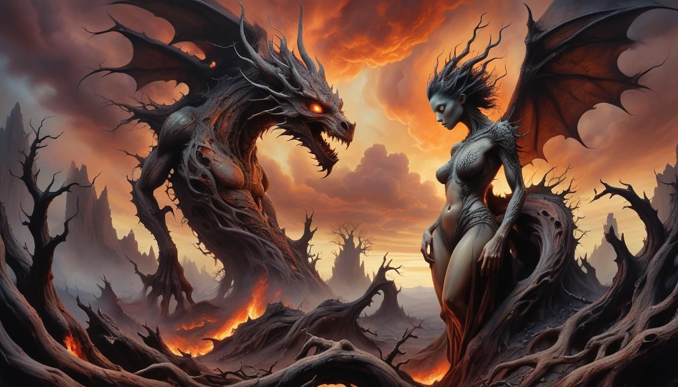 Dragon-Woman in Wasteland: Surreal Fantasy Painting