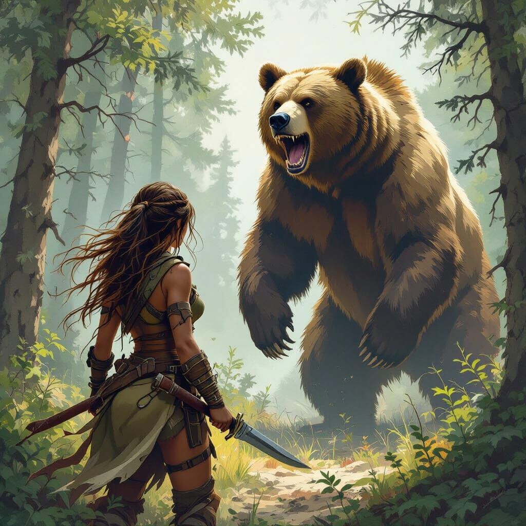 Huntress Fighting Raging Bear in Forest