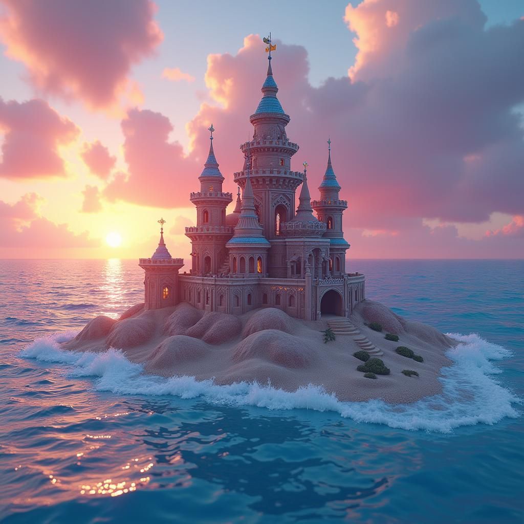 Sunset Sandcastle on a Blue Ocean, Digital Art