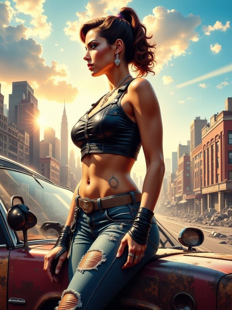 Gritty Post-Apocalyptic Road Warrior in Epic Art Deco Style