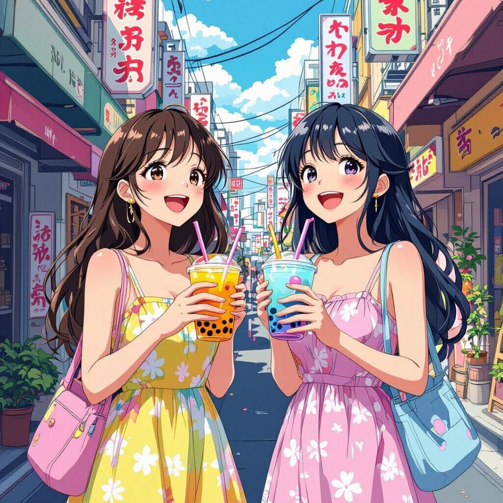 Anime Girls Laughing with Bubble Tea, Tokyo Street Scene