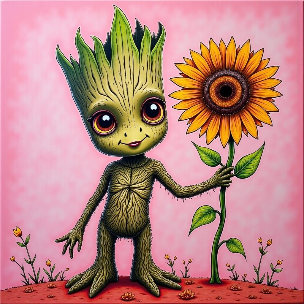 Groot Holds Sunflower in Surreal Folk-Art Style