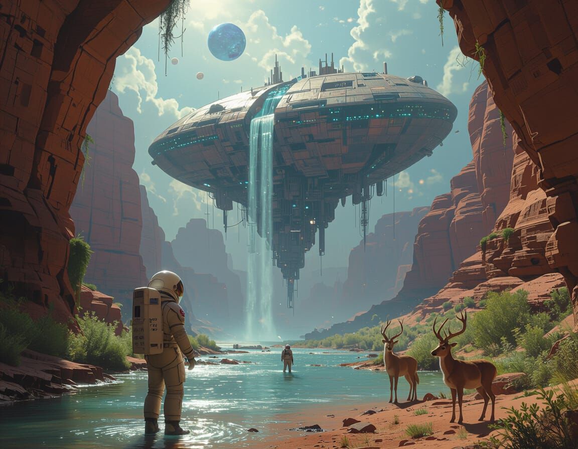 Surreal Digital Painting of Astronaut and Alien City