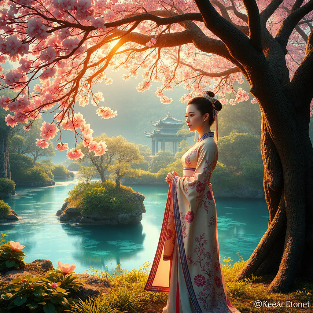 Chinese Model in Hanfu by Blossoming Tree