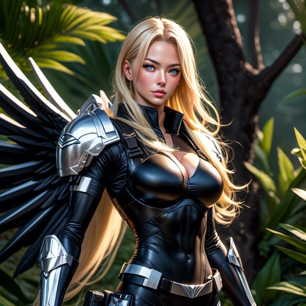 Female Soldier with Angel Wings in Bush