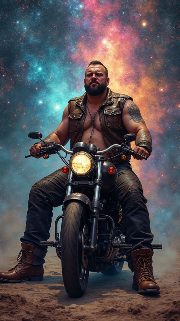 Biker on Motorcycle with Cosmic Background