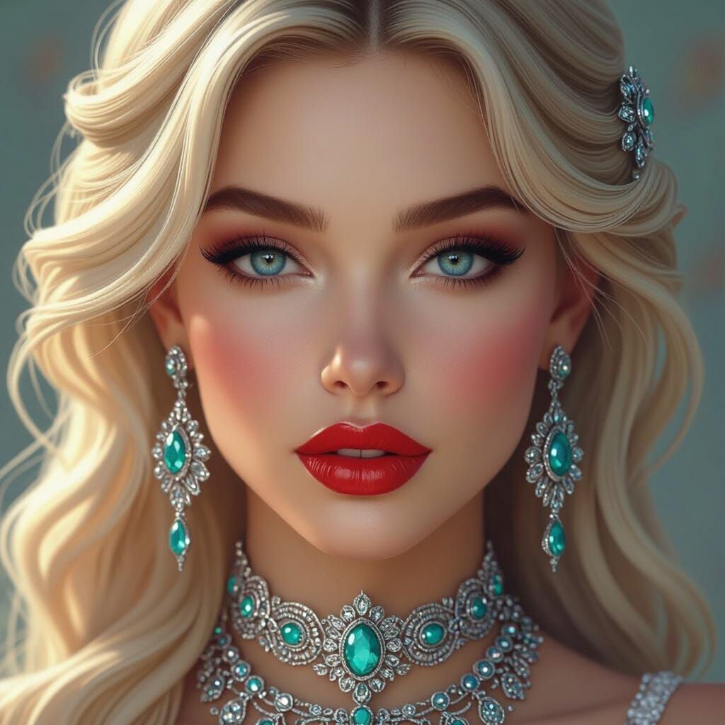 Hyper-Realistic Portrait of a Blonde Woman with Silver and T...