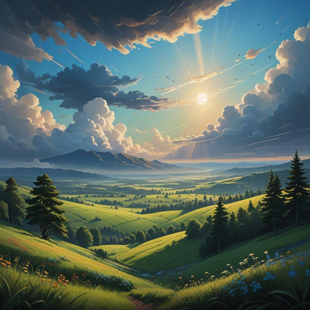 Vibrant Landscape with Bluebirds in Postmodern Style