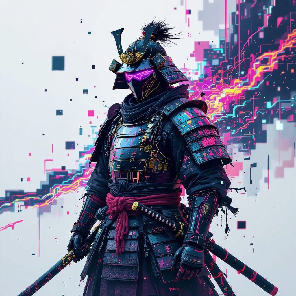 Spectral Samurai Warrior in Glitchcore Style