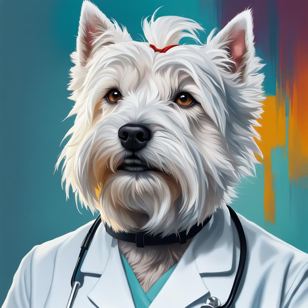 Hyperrealistic West Highland Terrier Nurse in Splash Art