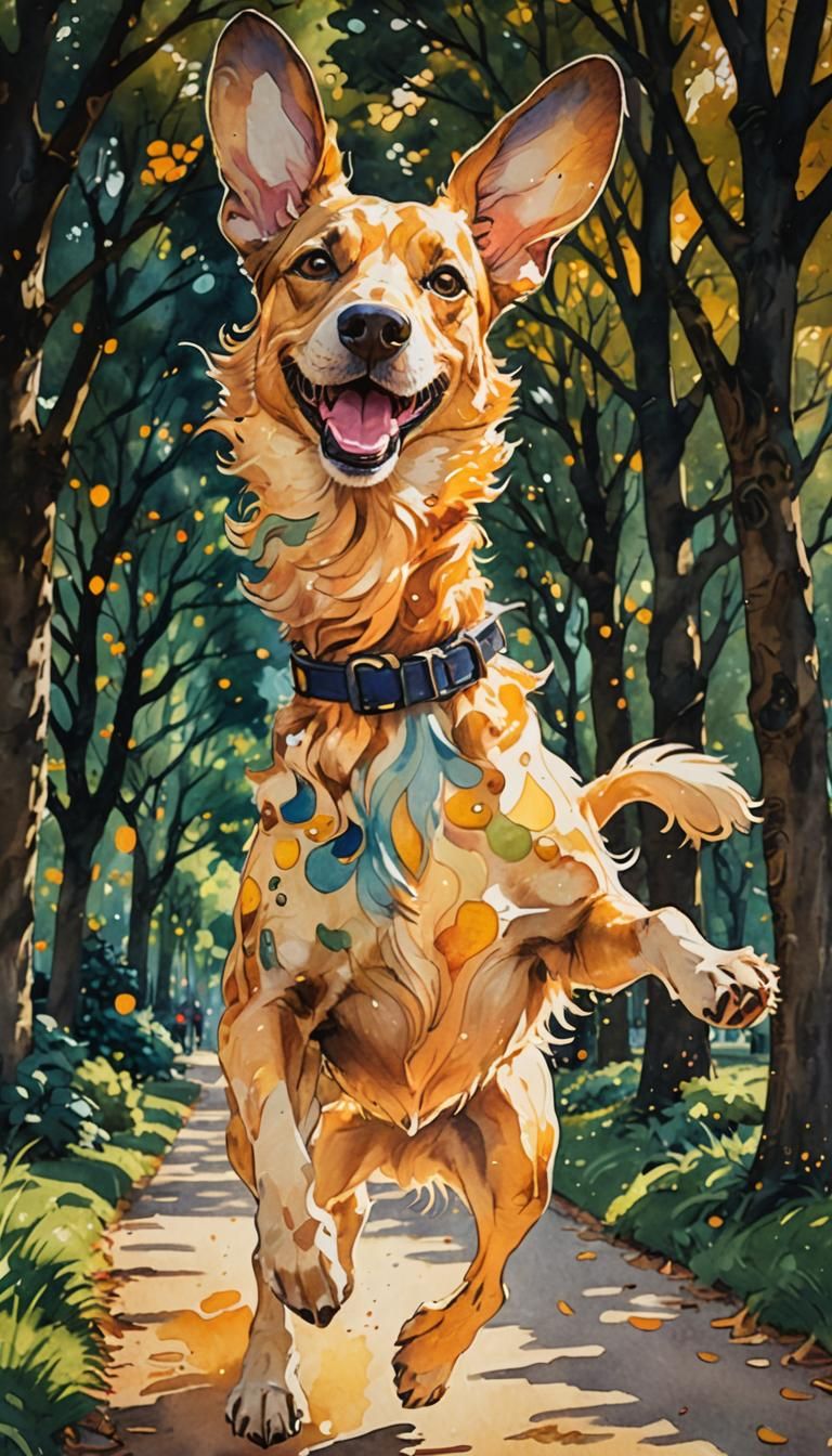 A funny dog with big ears and a goofy grin, running in a park. Warm, golden light shines through the trees, casting dapp...