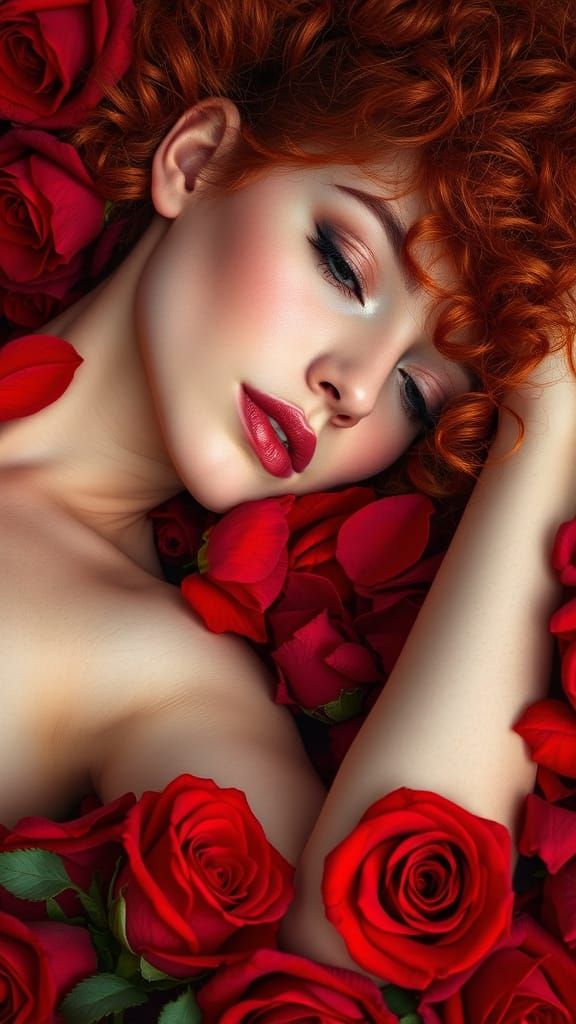 Vibrant Red Roses Surround a Serene Woman in a Hyperrealisti...