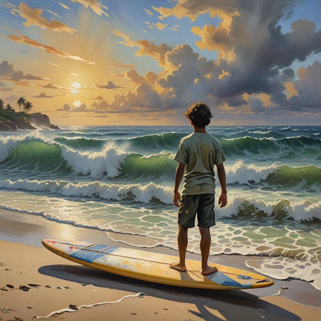 Impressionist Polynesian Beach Scene with Expressive Brush S...