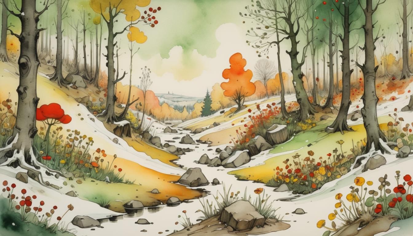 Floral Winter Forest in Watercolor Line Art Style