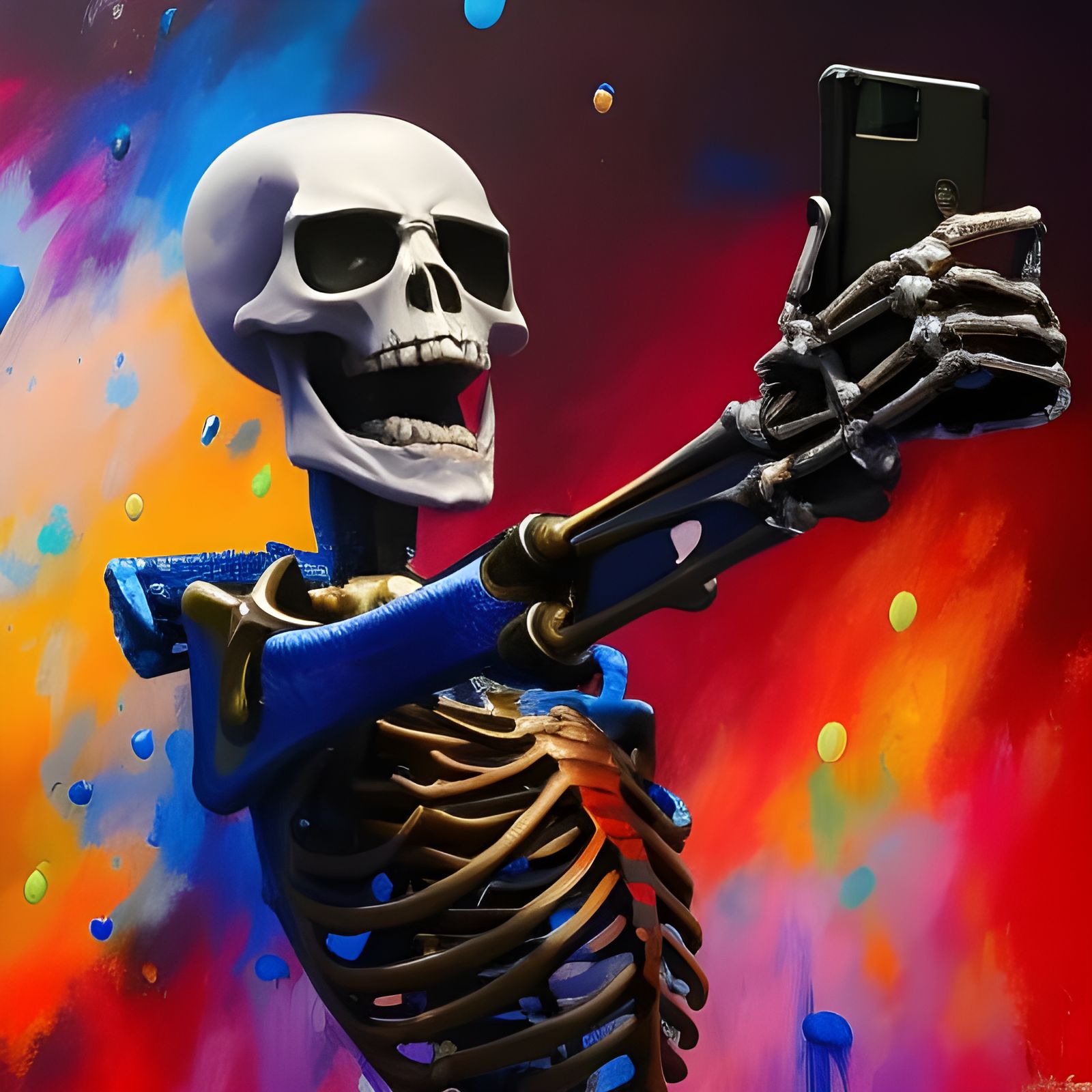 Laughing Skeleton's Selfie: Oil Painting in Vibrant Colors