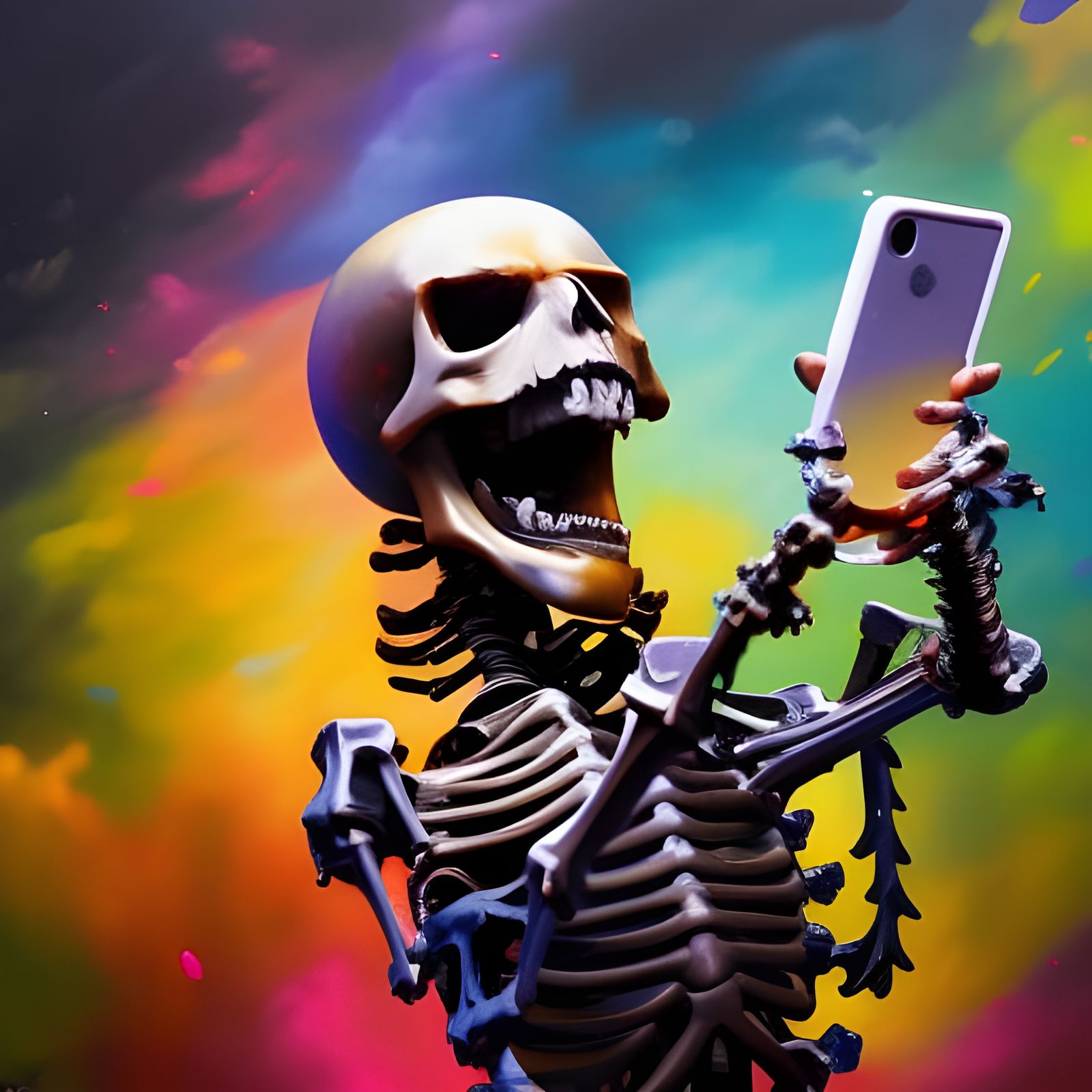 Laughing Skeleton's Selfie: Oil Painting in Vibrant Colors