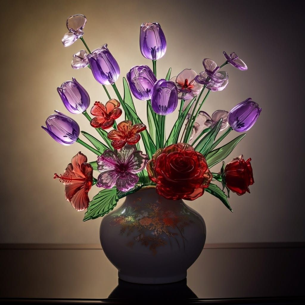 Ultra-Realistic Glass Flowers in Antique Japanese Vase